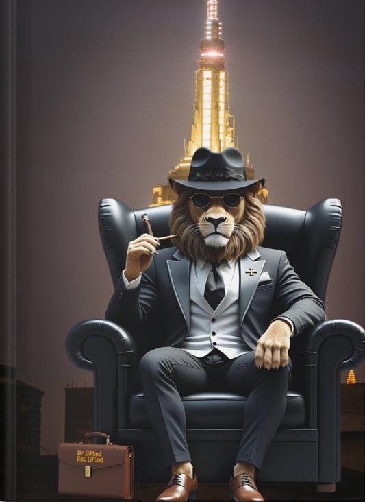 Lion in a suit sitting in an armchair with a cityscape background