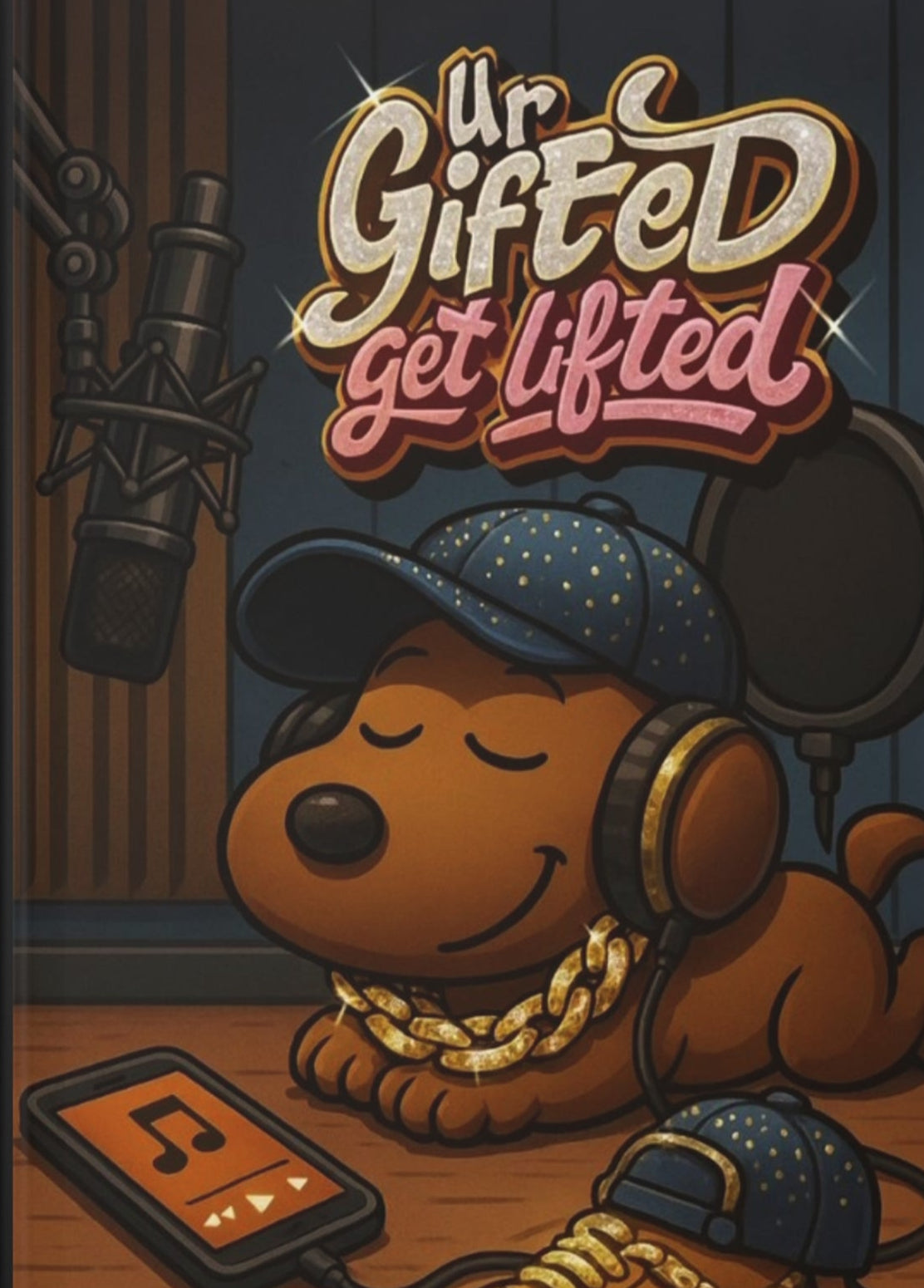 Notebook cover with a cartoon dog wearing headphones and a cap, with text 'Ur Gifted get lifted' on a dark background.