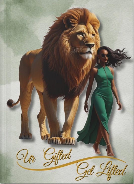 Lion and woman in a green dress standing next to each other with text 'Un Gifted Get Lifted' on a light background