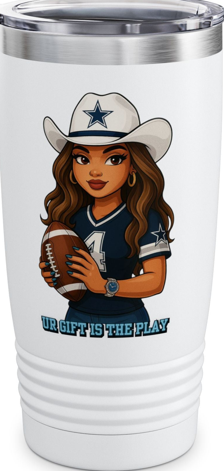 White tumbler with a design of a woman in a cowboy hat and sports jersey on a white background