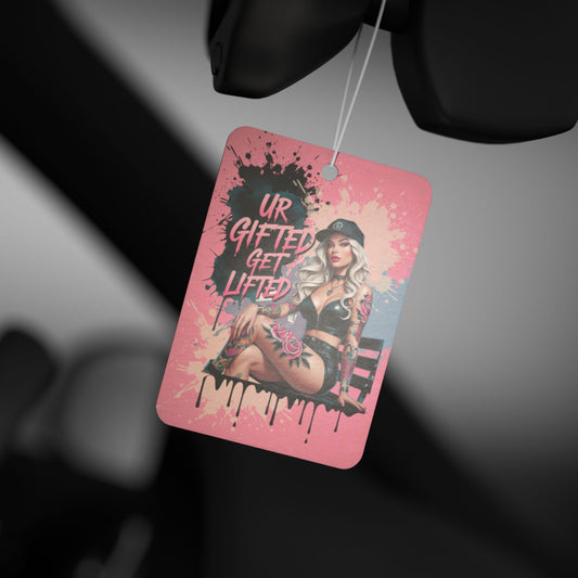 Car Air Freshener - Blond Tattooed Girl sitting on a bench - 'Ur Gifted Get Lifted'