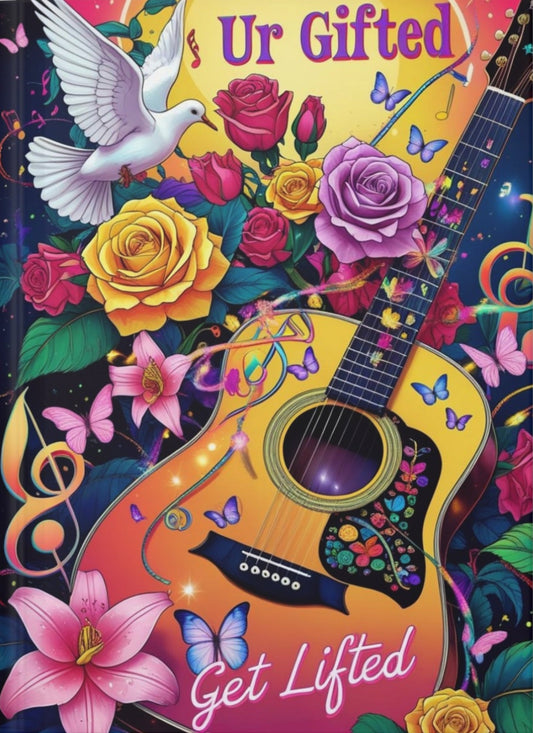 Colorful notebook cover with guitar, flowers, and text 'Ur Gifted Get Lifted' on a white background