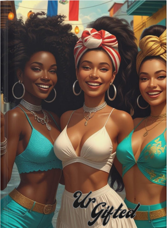 Three women in colorful outfits with 'W Gifted' branding on a white background