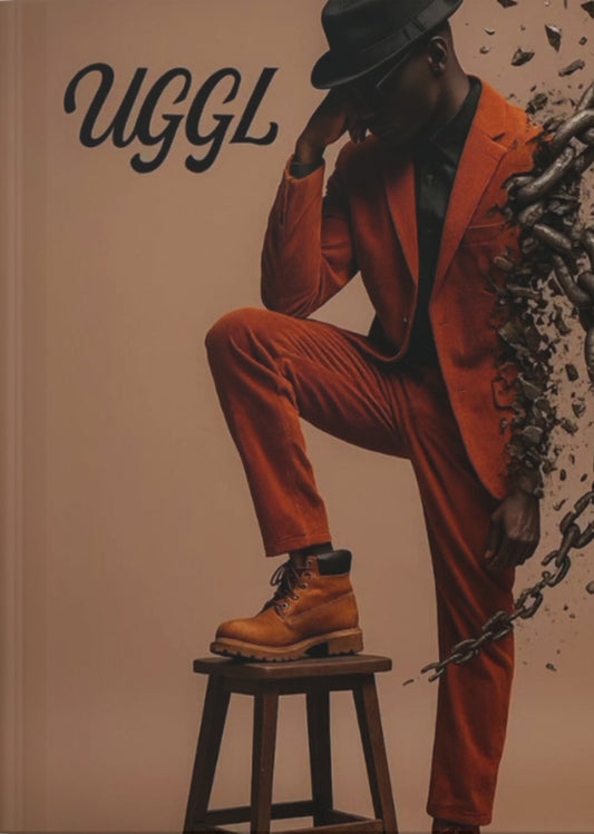 Product packaging with a person in a red suit and black hat, sitting on a stool, and the brand 'UGGL' displayed.