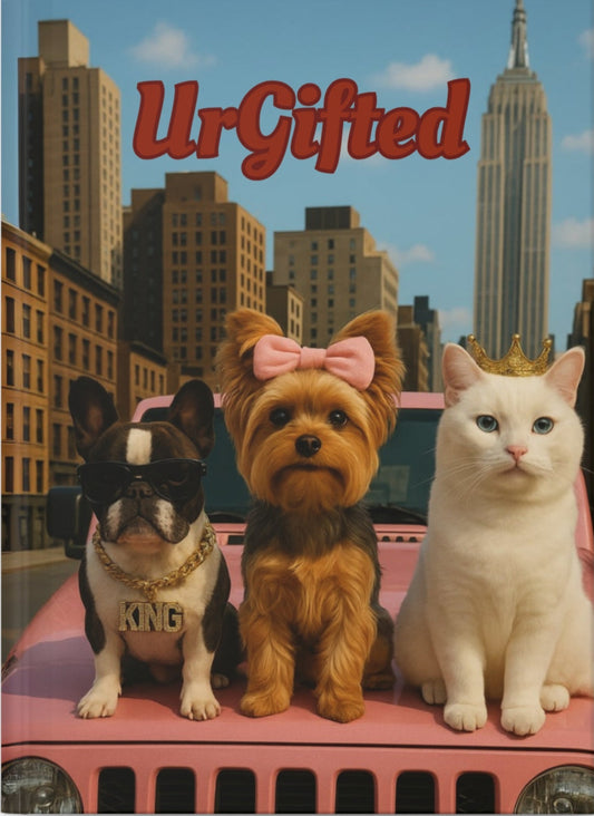 Book cover with three animals on a car in a cityscape, featuring the title 'UrGifted'.