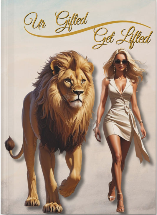 Lion and woman walking side by side with text 'Un Gifted Get Lifted' on a light background