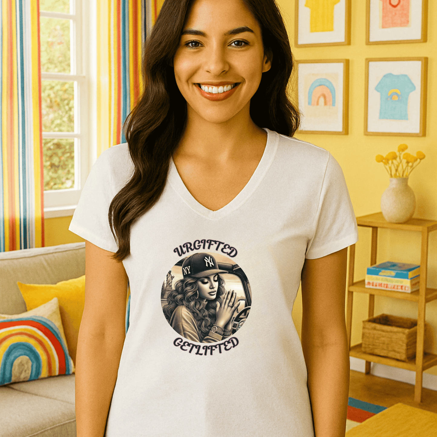 Urban Chic Ladies' V-Neck T-Shirt - "Urgifted, Get Lifted" Graphic Tee