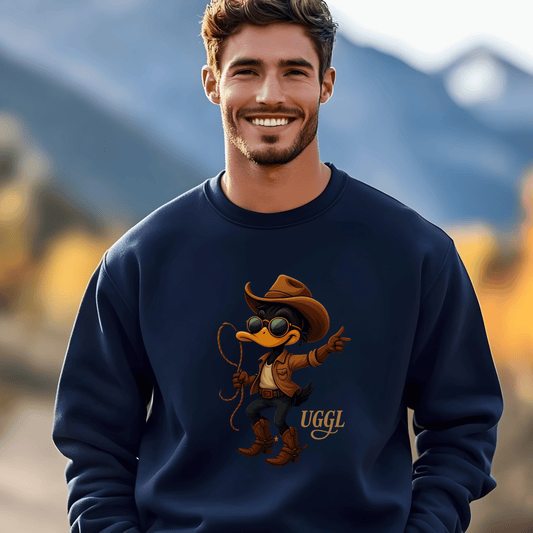 Cowboy Duck Crewneck Sweatshirt, Unisex Sweatshirt, Cozy Fall Apparel, Cute Graphic Sweater, Gifts for Animal Lovers, Trendy Layering