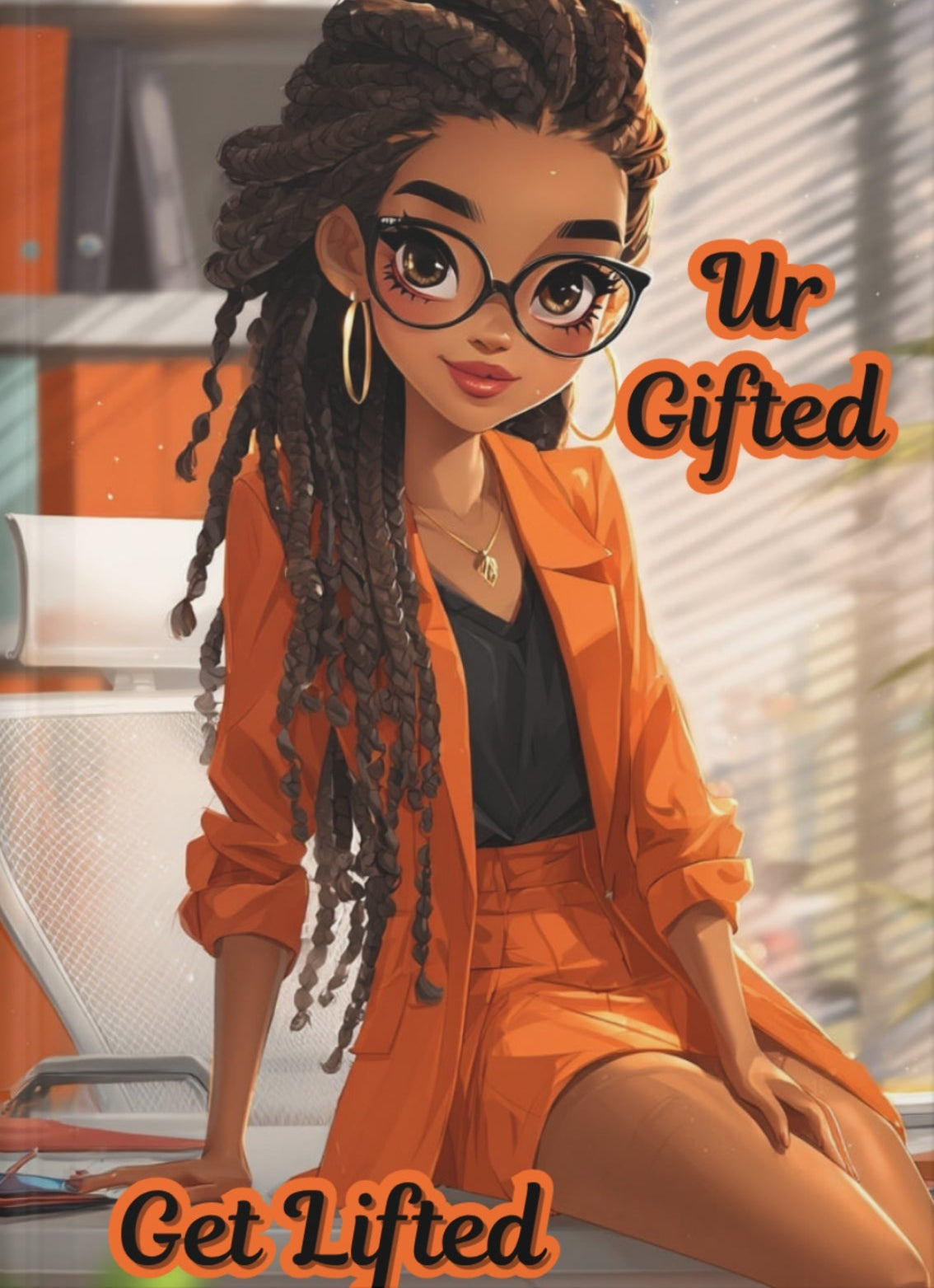 Illustration of a woman in an orange outfit with text 'Ur Gifted' and 'Get Lifted' on a white background.
