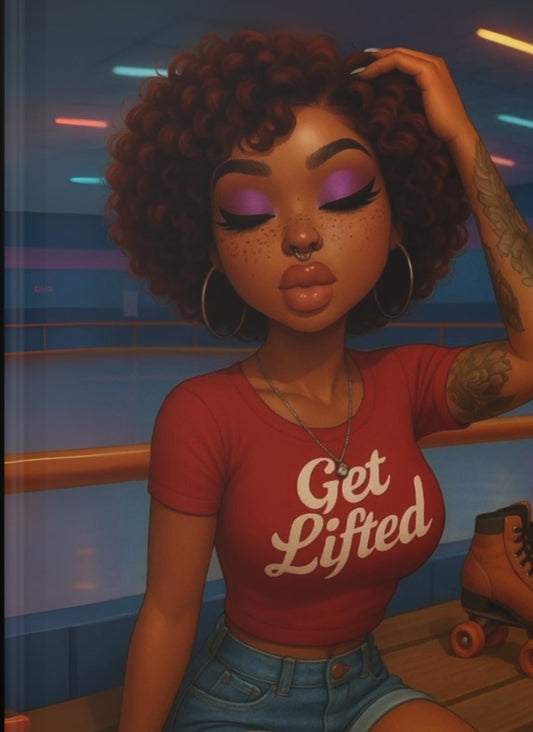 Notebook with a design of a woman wearing a 'Get Lifted' shirt on a roller rink.