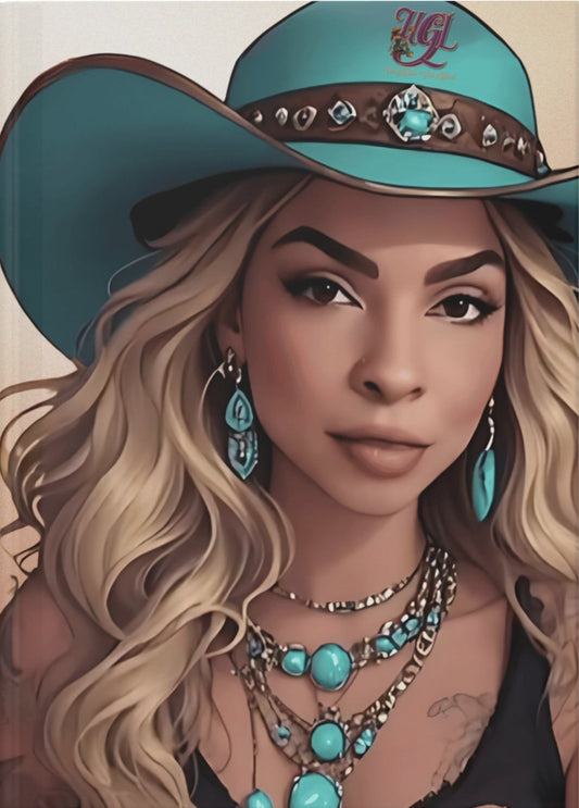 Illustration of a woman wearing a turquoise hat and jewelry on a beige background