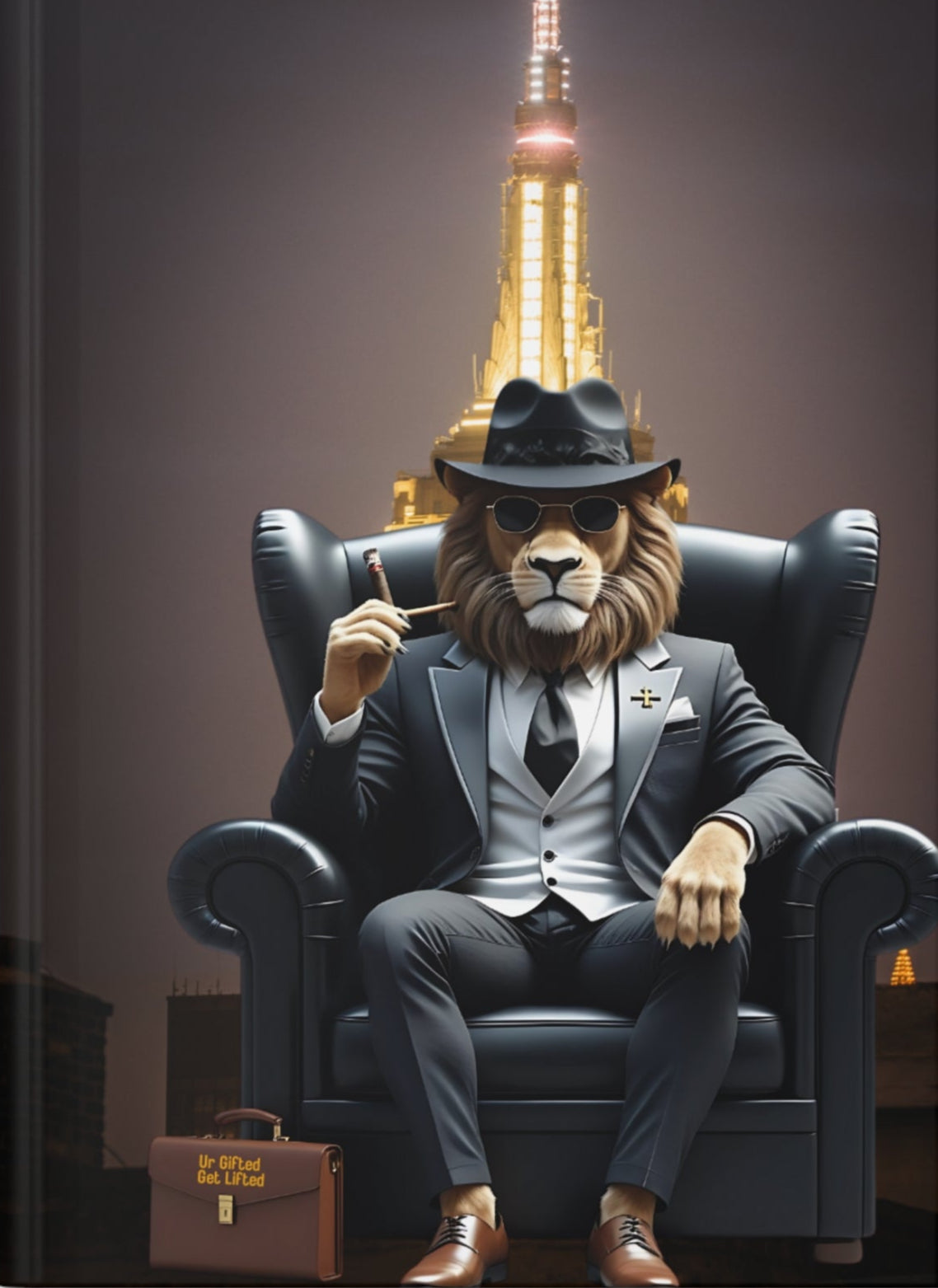 Lion in a suit sitting in an armchair with a cityscape background