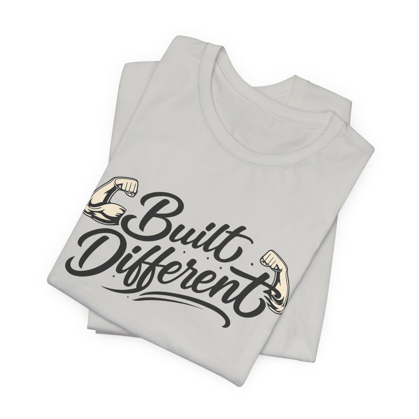 Built Different T-Shirt — Motivational Fitness Tee with Flexing Arms