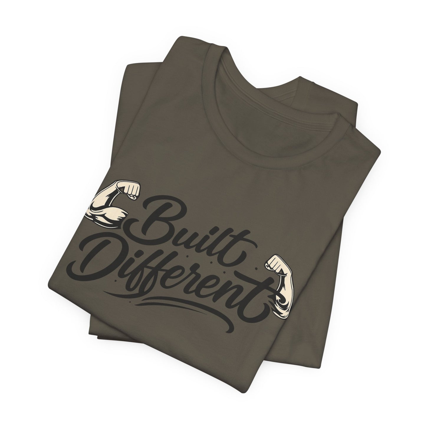 Built Different T-Shirt — Motivational Fitness Tee with Flexing Arms