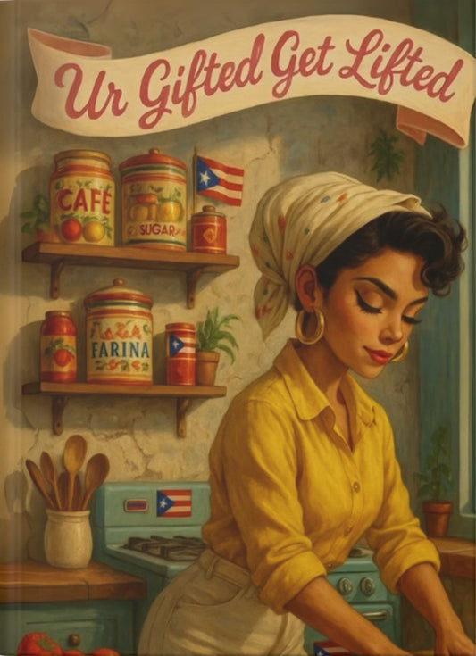 Vintage-style poster of a woman in a kitchen with shelves displaying food items and a flag.