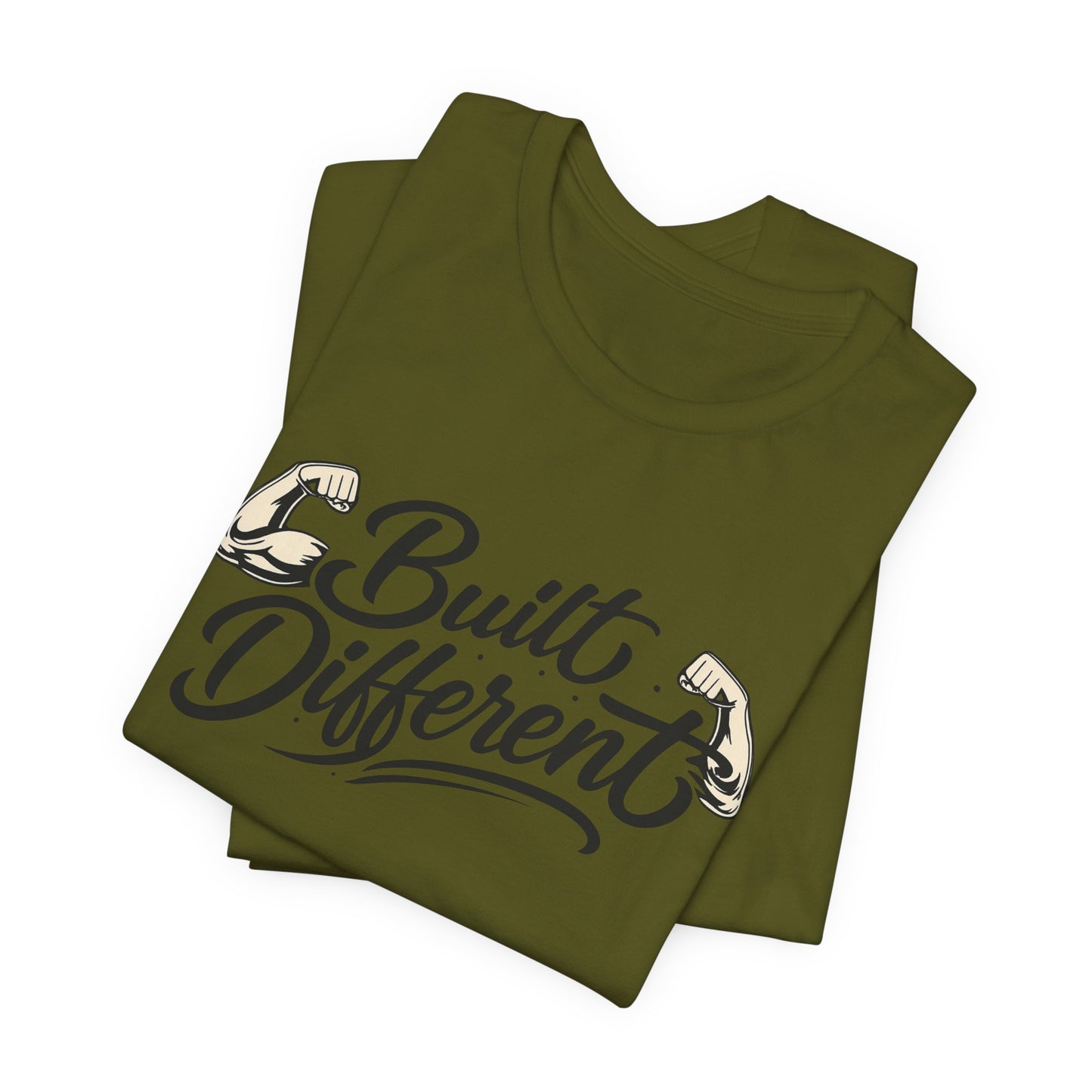 Built Different T-Shirt — Motivational Fitness Tee with Flexing Arms
