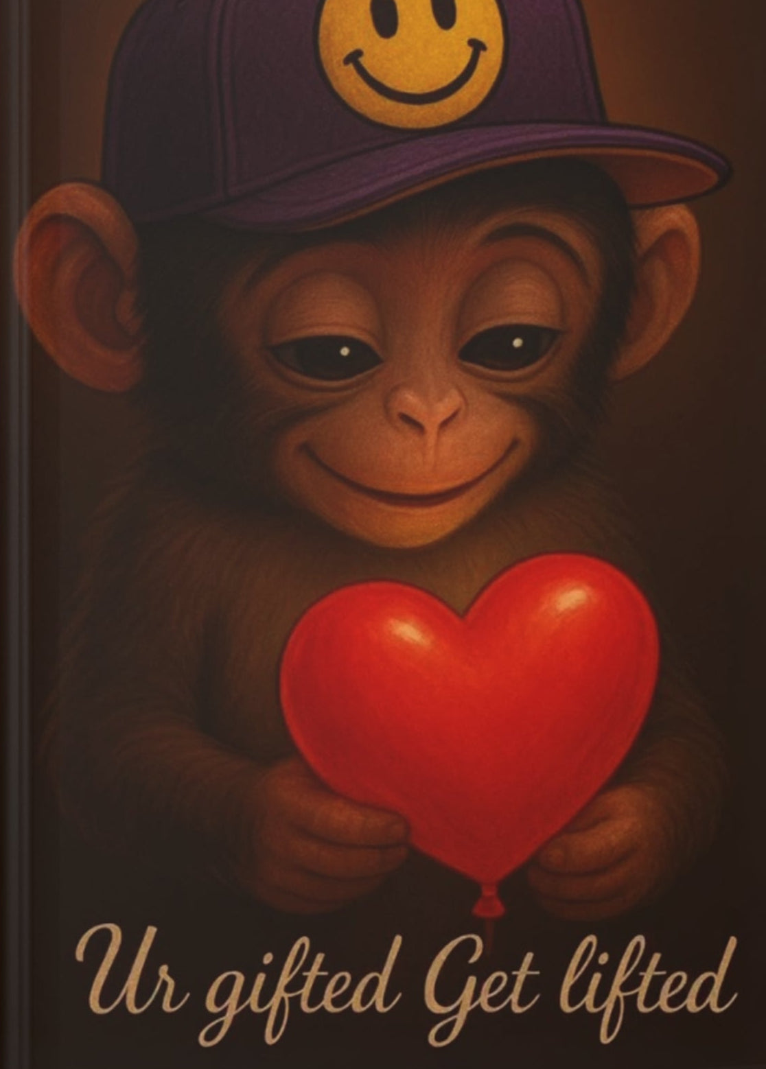 Notebook with a monkey holding a red heart and a smiley face cap on a white background