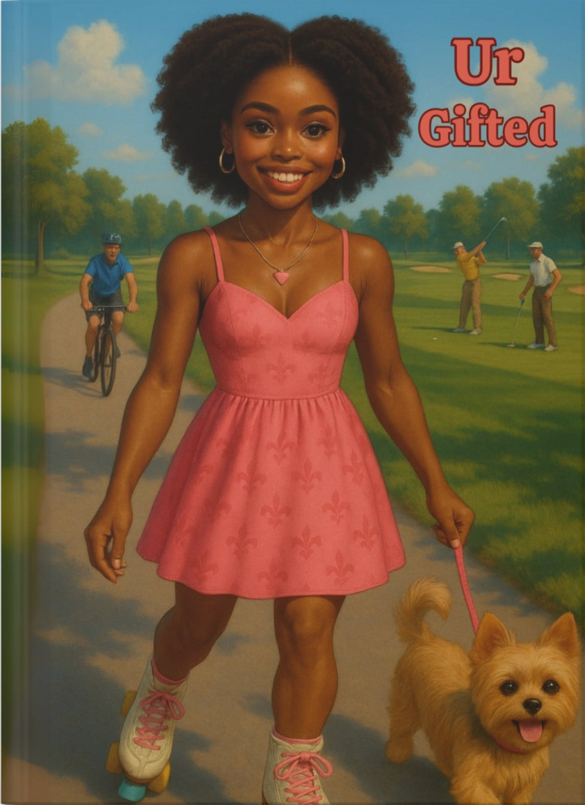 Book cover with a woman in a pink dress walking a dog, with 'Ur Gifted' text in the background.