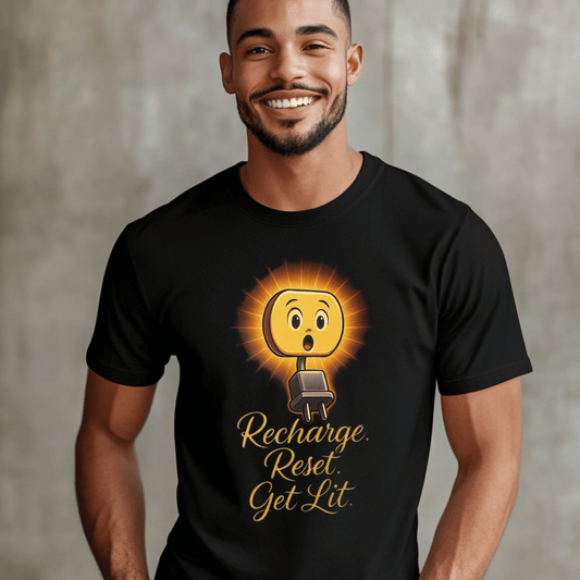 Recharge Reset Get Lit Unisex Tee, Relaxed Fit Shirt, Funny Graphic Tee, Casual Gift for Friends, Perfect for Parties, Everyday Wear