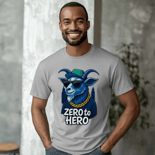 Zero to Hero Goat Tee | Funny Graphic Shirt, Unisex T-Shirt, Gift for Animal Lovers, Birthday Gift, Casual Wear, Motivational Apparel