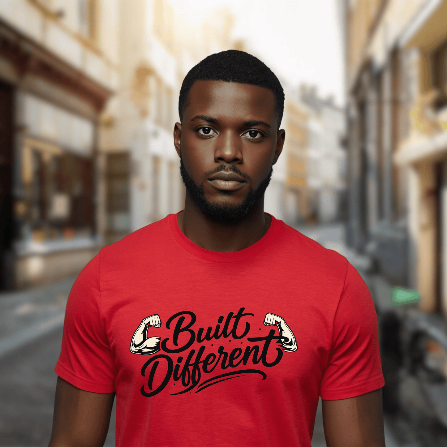 Built Different T-Shirt — Motivational Fitness Tee with Flexing Arms
