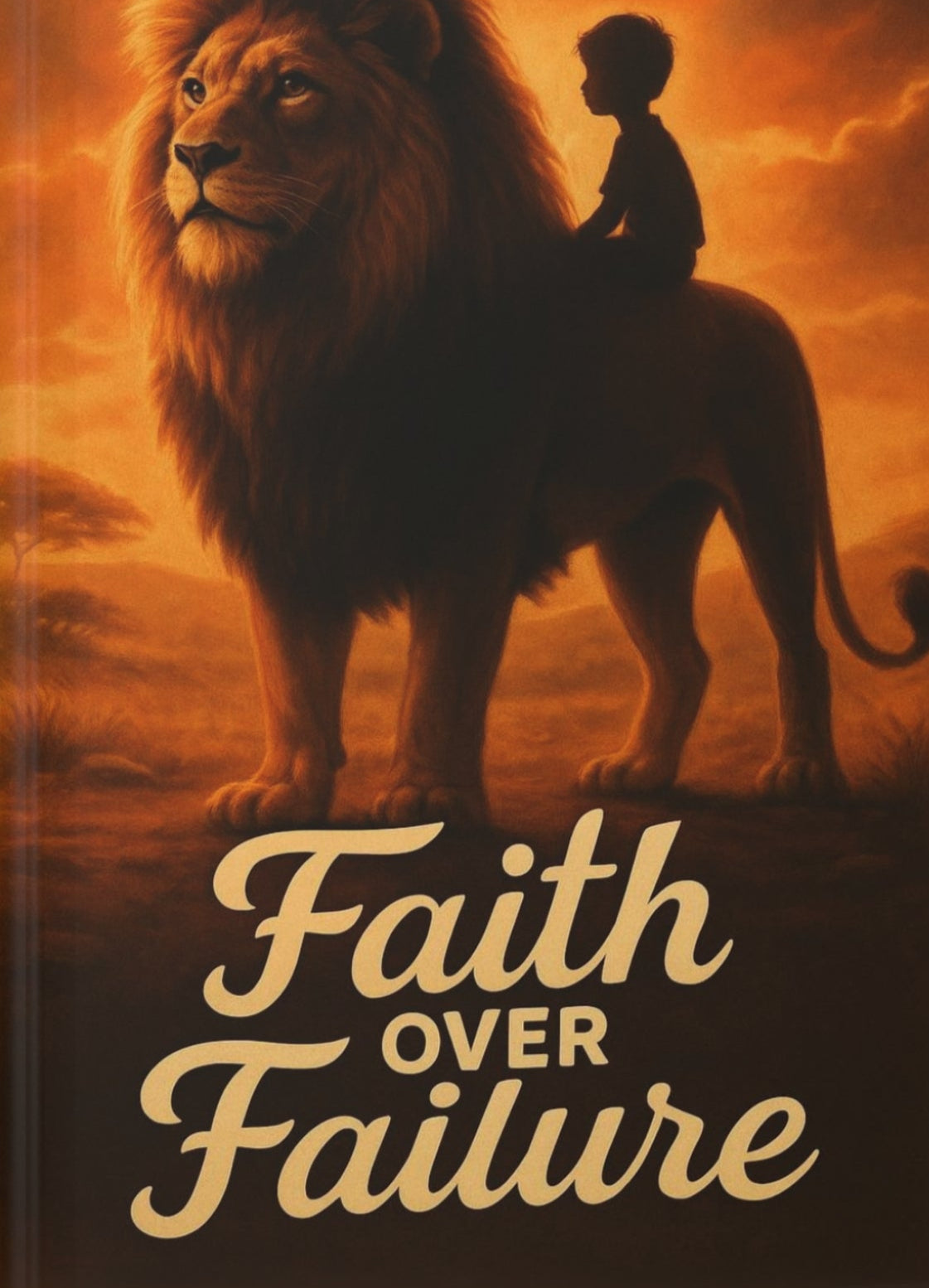 Book cover with a lion and a child silhouette, titled 'Faith Over Failure' against an orange sky.