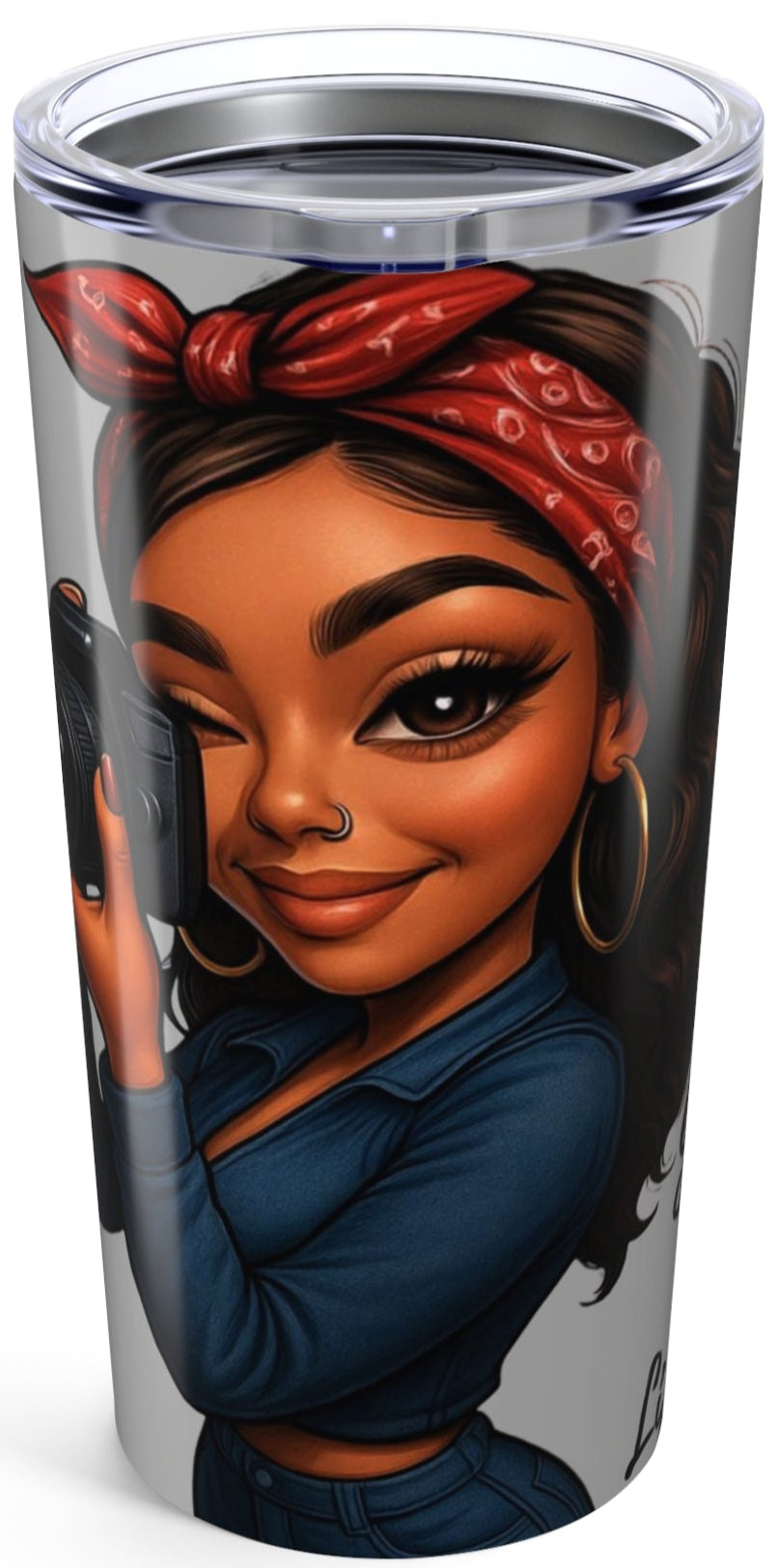 Tumbler with a stylized illustration of a woman on a white background