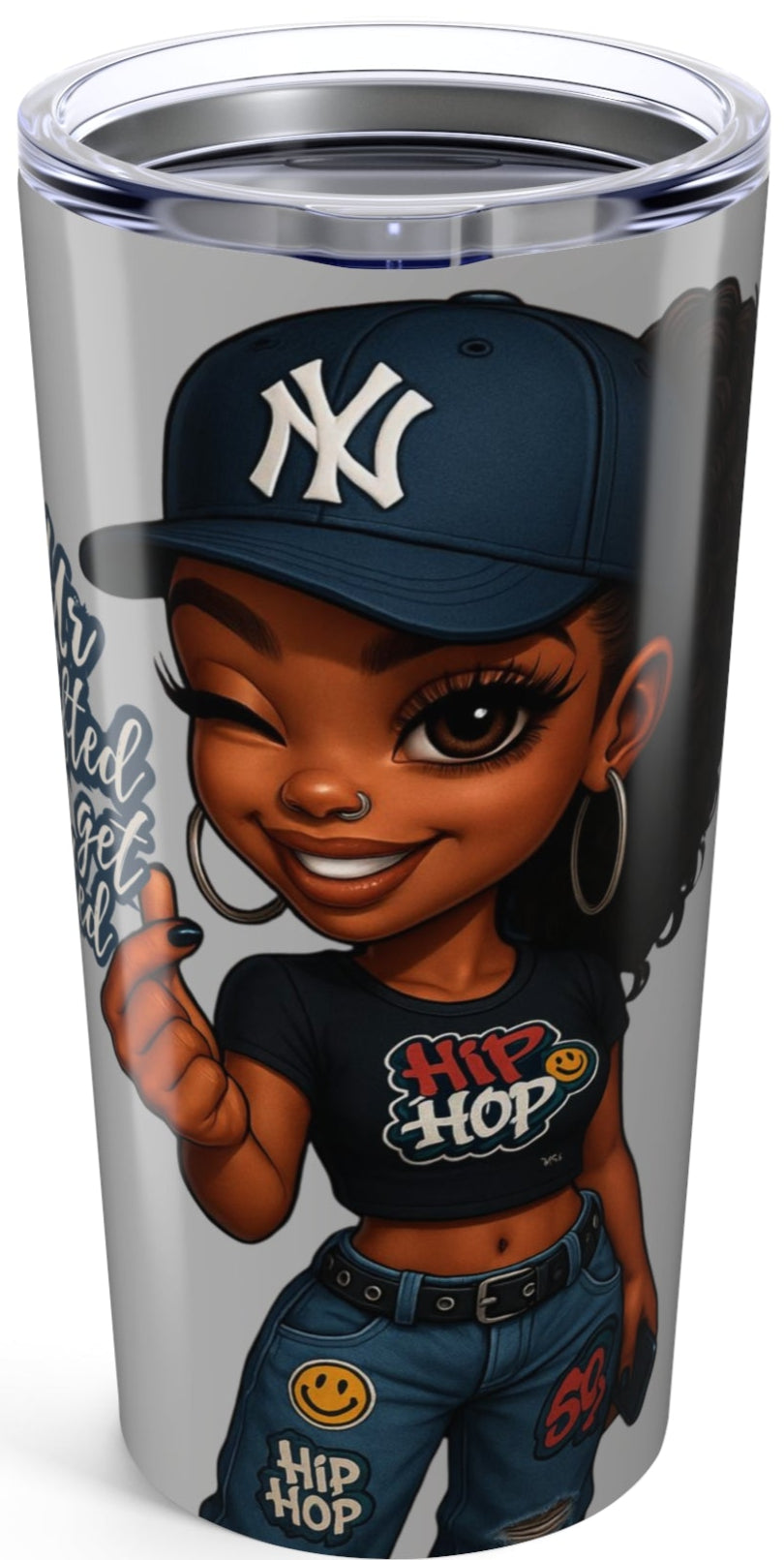 Clear tumbler with a cartoon character wearing a New York Yankees cap and 'Hip Hop' shirt on a white background
